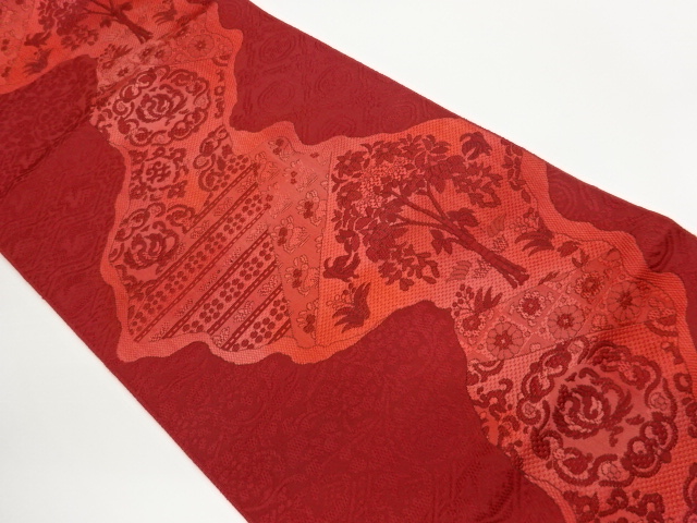 Honjo Chikuzen Hakata Nagoya obi woven with phoenix, rabbit, and tree patterns